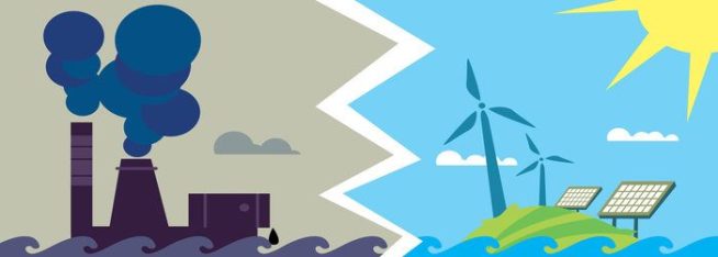 Vector illustration of evolution from industrial pollution to clean energy. Greening of the world banner. Traditional and alternative natural electricity resources. Development green technology