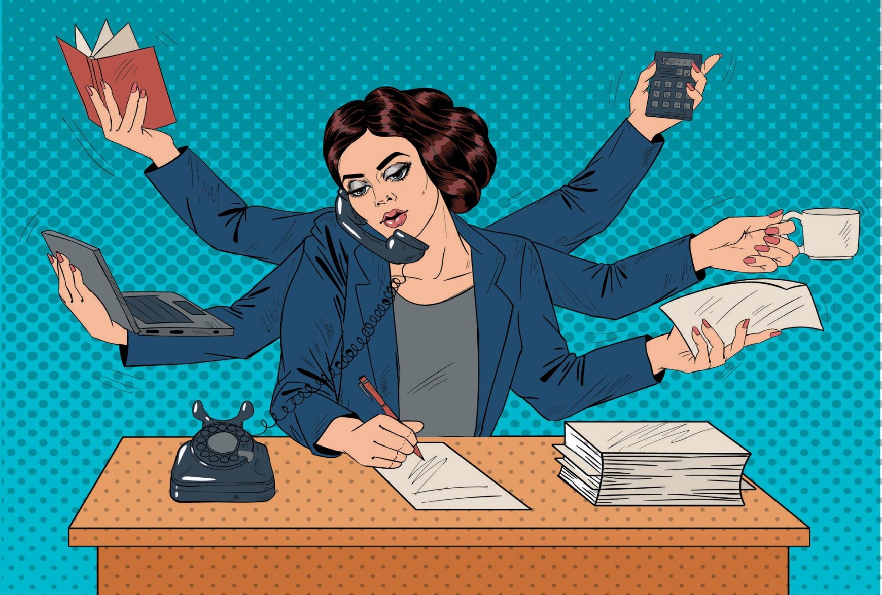Business Superwoman Pop Art Banner. Woman with Many Hands Doing