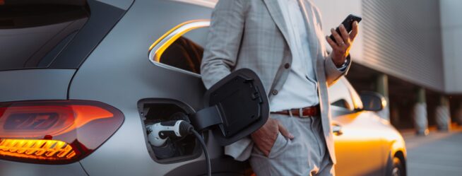 Man holding power supply cable at electric vehicle charging station