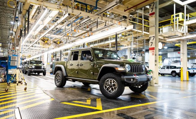 2024 Jeep® Gladiator midsize pickup trucks drive off the final assembly line at the Toledo Assembly Complex.