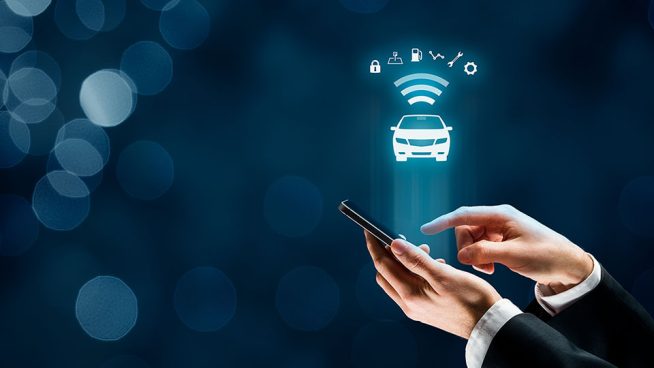Intelligent car, intelligent vehicle and smart cars concept with smart phones. Symbol of the car and information via wireless communication about security, parking location, fuel, drive analysis, service and car settings.